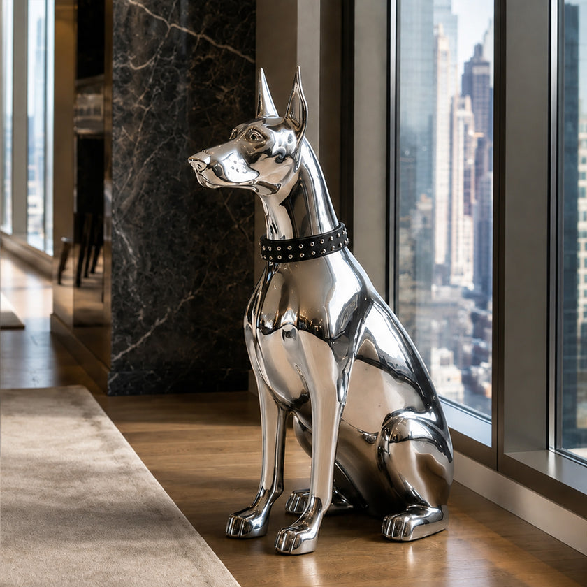 A polished silver metallic dog statue, resembling a Doberman, wearing a black studded collar, displayed on a wooden floor in a modern high-rise office next to large windows with a city view.