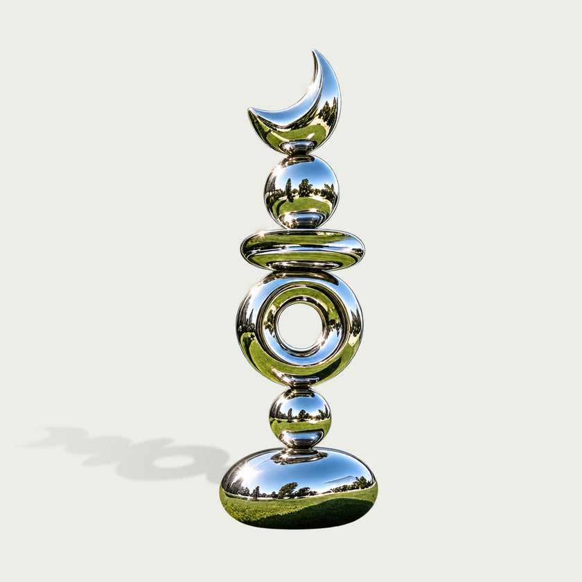 Celestial Moon Totem Mirror Polished Stainless Steel Sculpture Modern Lawn Art For Waterfront Villas on a white background
