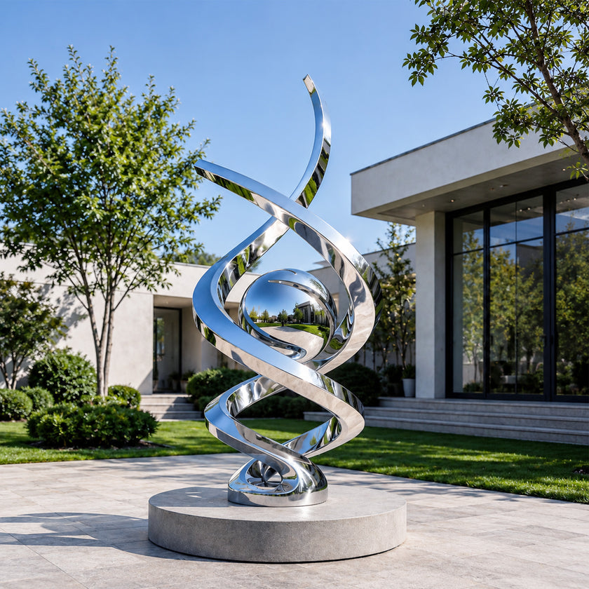 A mirror-polished stainless steel sculpture in a luxury modern courtyard. The abstract design features two intertwining spiral ribbons wrapping around a central sphere. This highly reflective metal art piece beautifully mirrors the surrounding lawn, trees, and villa, creating a stunning dynamic outdoor centerpiece.