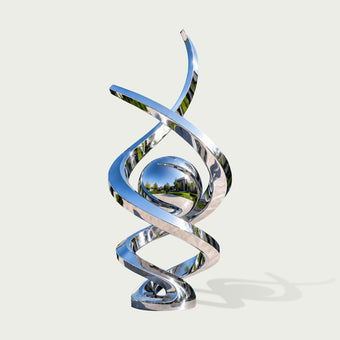 Intertwining Spiral Ribbons And Sphere Mirror Polished Stainless Steel Sculpture Modern Courtyard Art on a white background