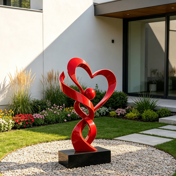 A glossy red stainless steel sculpture in a modern residential courtyard. The abstract design features intertwined ribbons forming a romantic heart shape around a central sphere. Resting on a black square base, this vibrant metal artwork creates a striking focal point among the garden greenery.