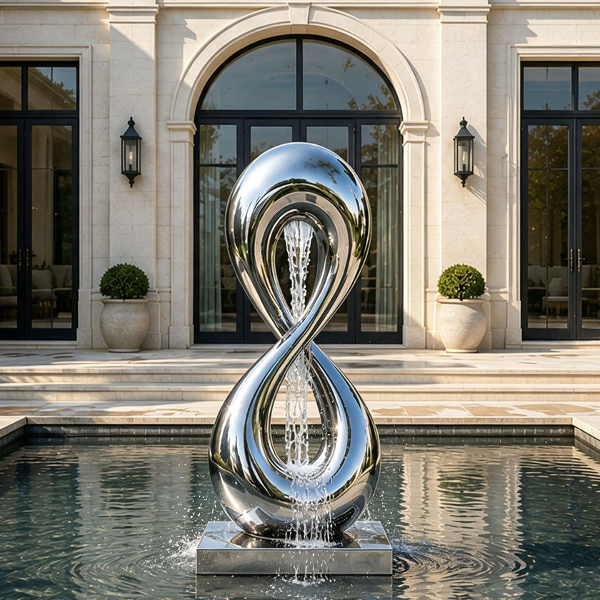 A mirror-polished stainless steel water fountain sculpture in a modern pool. The design features a twisting figure-eight infinity loop with water cascading down its open center. This reflective metal art piece adds a luxurious, dynamic touch to the contemporary estate patio.