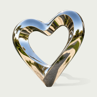 Front view of a contemporary abstract stainless steel heart sculpture showcasing a large open-center heart silhouette with gracefully flowing, asymmetrical curves and a brilliant mirror-polished silver surface. The smooth metallic structure features broad sculpted edges, rounded upper contours, and a sharply tapered lower point. Its highly reflective finish captures distorted reflections of trees, landscaping, and architectural surroundings, creating an elegant modern art piece against a clean light backgro