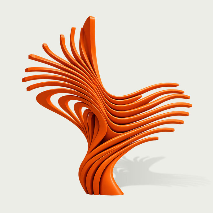 Contemporary orange abstract stainless steel sculpture featuring an intricate arrangement of sweeping, ribbon-like metal elements that twist upward and extend horizontally in a dynamic fan-shaped formation. Multiple slender curved bands emerge from a compact sculptural base, creating overlapping layers, open negative spaces, and a striking sense of movement. The sculpture features a vibrant high-gloss orange painted finish with smooth surfaces, rounded edges, and clean geometric contours. Presented against 