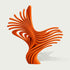 Contemporary orange abstract stainless steel sculpture featuring an intricate arrangement of sweeping, ribbon-like metal elements that twist upward and extend horizontally in a dynamic fan-shaped formation. Multiple slender curved bands emerge from a compact sculptural base, creating overlapping layers, open negative spaces, and a striking sense of movement. The sculpture features a vibrant high-gloss orange painted finish with smooth surfaces, rounded edges, and clean geometric contours. Presented against 