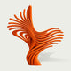 Contemporary orange abstract stainless steel sculpture featuring an intricate arrangement of sweeping, ribbon-like metal elements that twist upward and extend horizontally in a dynamic fan-shaped formation. Multiple slender curved bands emerge from a compact sculptural base, creating overlapping layers, open negative spaces, and a striking sense of movement. The sculpture features a vibrant high-gloss orange painted finish with smooth surfaces, rounded edges, and clean geometric contours. Presented against 