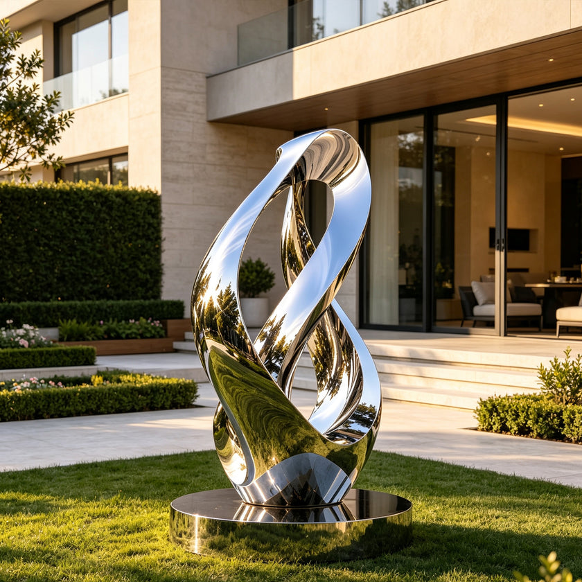 Large modern stainless steel loop sculpture showcasing a highly polished mirror finish and dynamic abstract design. The reflective metal artwork adds a luxurious contemporary touch to outdoor and commercial environments.