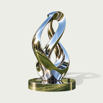 Abstract stainless steel twisted loop sculpture with a mirror-polished finish and smooth flowing metal curves. This contemporary outdoor sculpture creates a striking focal point for gardens, courtyards, and architectural spaces.