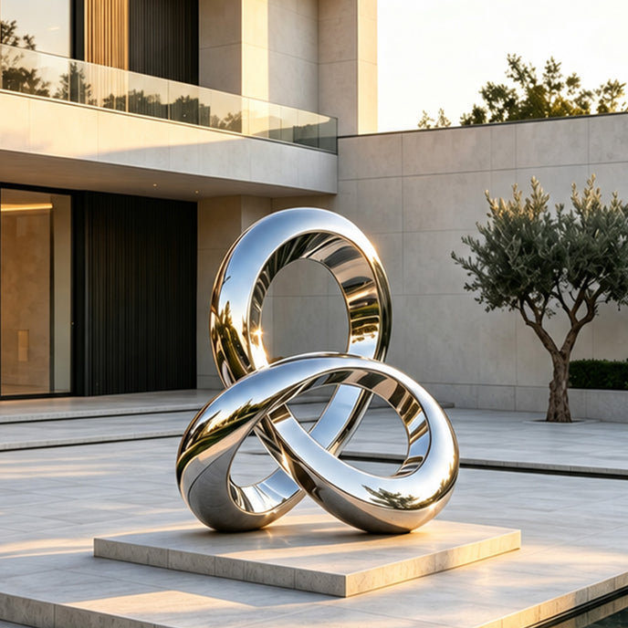 Modern stainless steel infinity sculpture displayed in a luxury outdoor courtyard with a highly polished reflective surface. The intertwined loop form adds a sophisticated artistic statement to architectural landscapes.