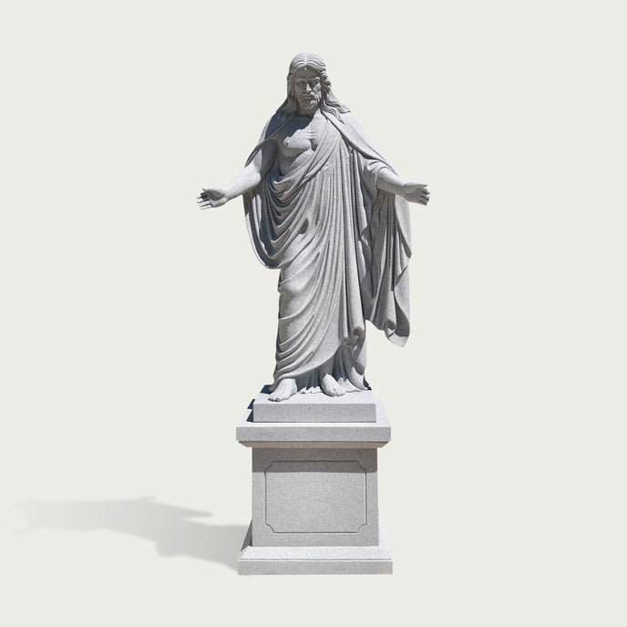 White stone Jesus Christ religious statue standing on a pedestal with open arms, handcrafted details and elegant design for church gardens and memorial spaces