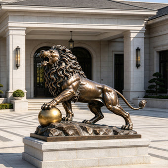 Roaring Guardian Lion Bronze Animal Statues on a white background