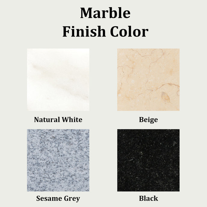 Four marble finish color swatches labeled Natural White, Beige, Sesame Grey, and Black on a white background.