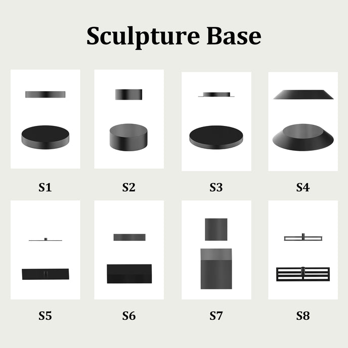 Various black sculpture bases labeled S1 to S8 on a beige grid background.
