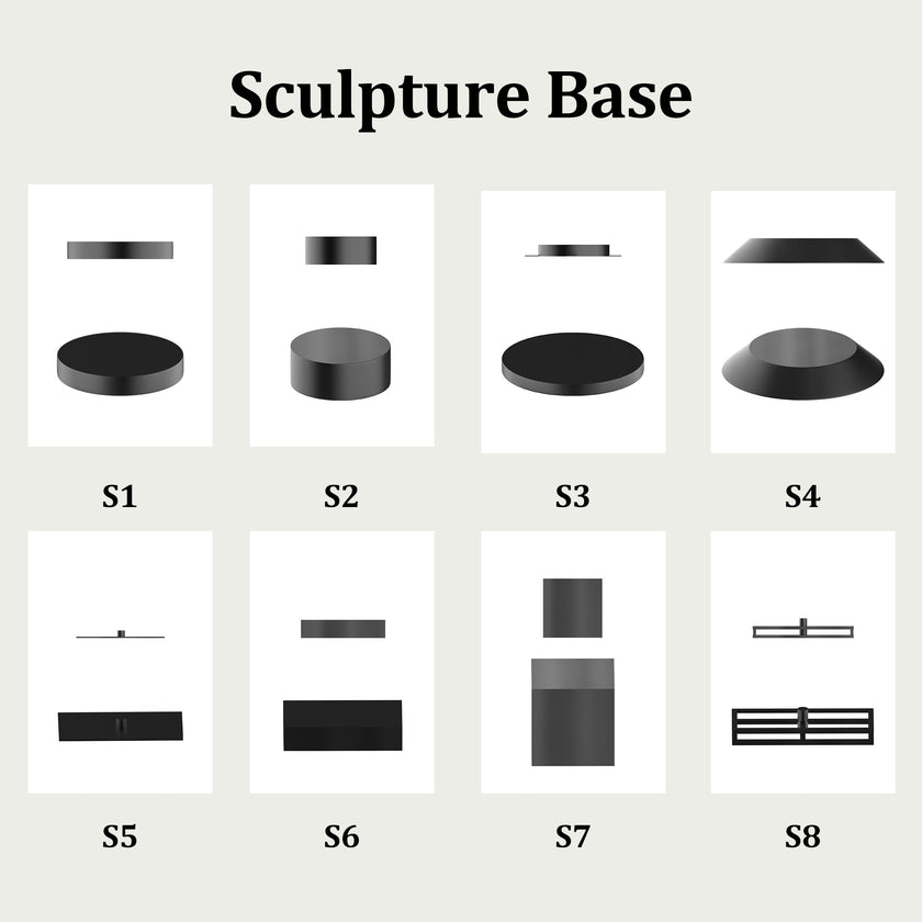 Various black sculpture bases labeled S1 to S8 on a beige grid background.