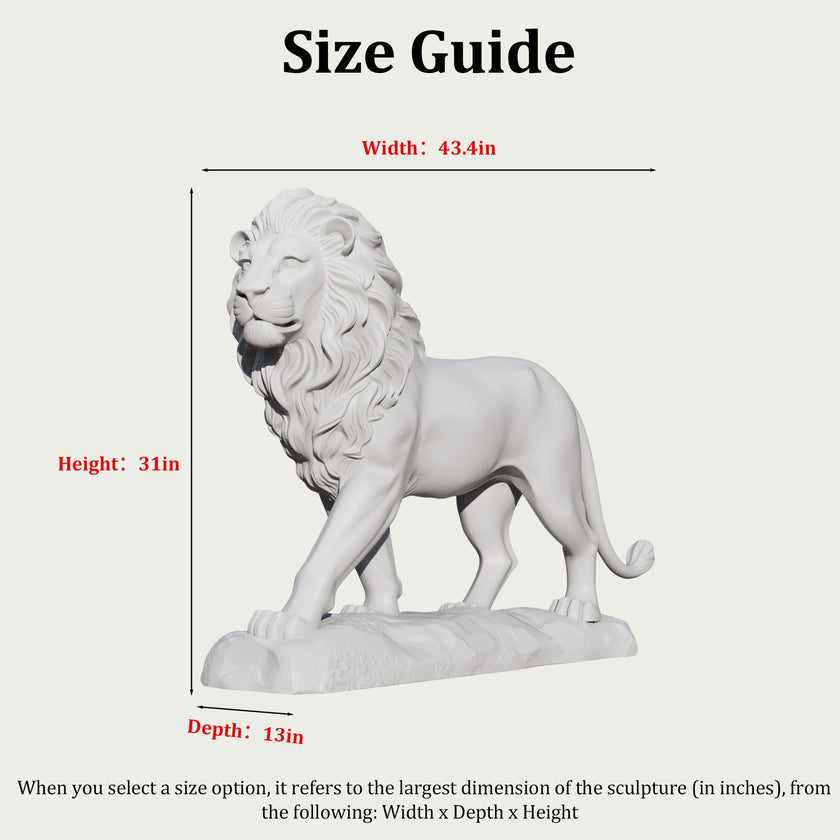 White lion statue with dimensions labeled on a white background