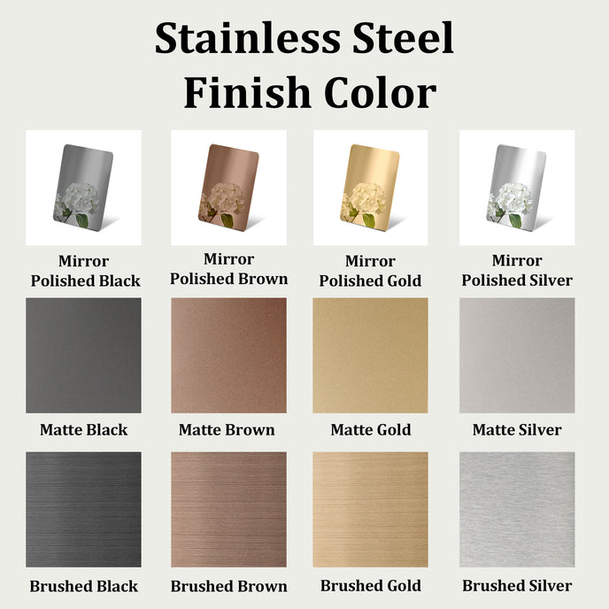 Chart showing various stainless steel finishes including mirror, polished, matte, and brushed options.